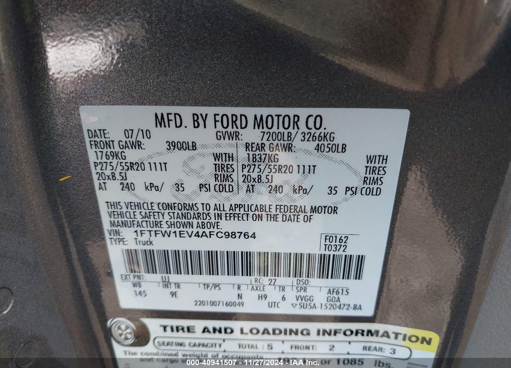2010 FORD F-150 VIN: 1FTFW1EV4AFC98764