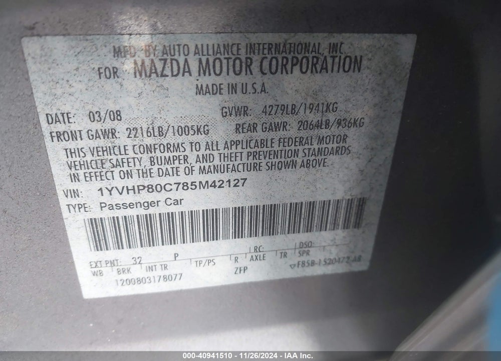 2008 MAZDA 6 I SPORT VE VIN: 1YVHP80C785M42127