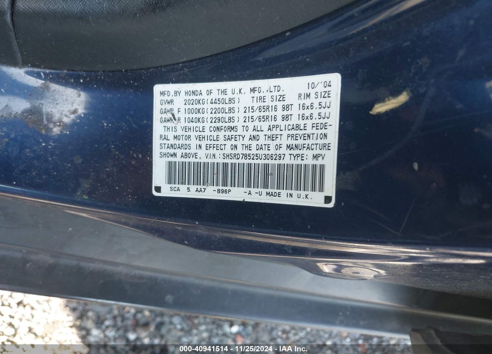 2005 HONDA CR-V LX VIN: SHSRD78525U306297