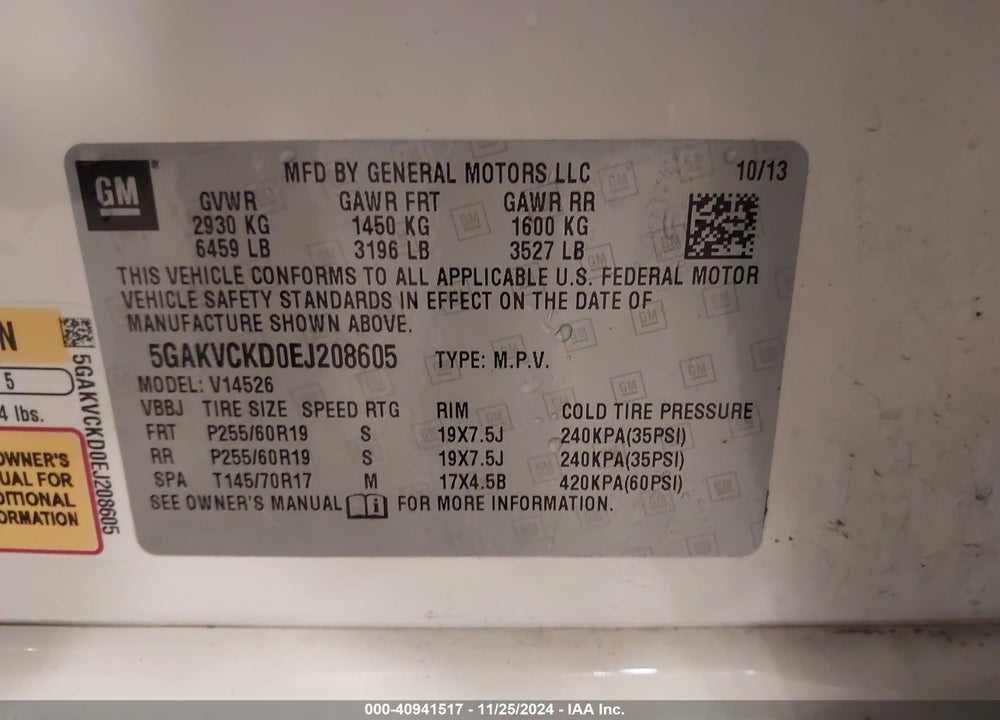 2014 BUICK ENCLAVE PREMIUM VIN: 5GAKVCKD0EJ208605
