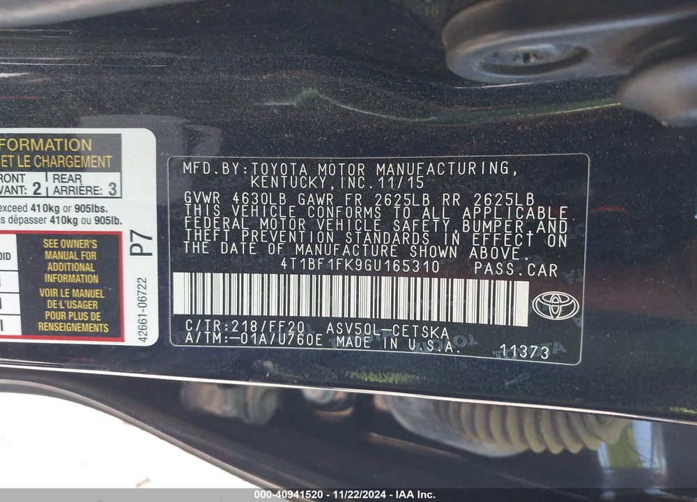 2016 TOYOTA CAMRY SE VIN: 4T1BF1FK9GU165310