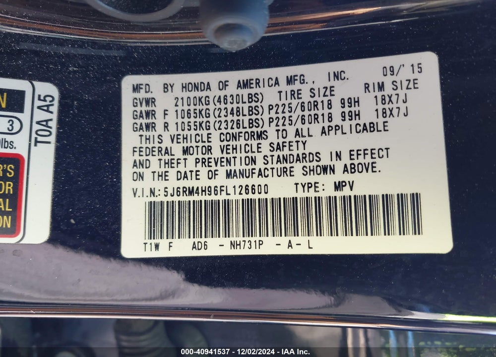 2015 HONDA CR-V TOURING VIN: 5J6RM4H96FL126600