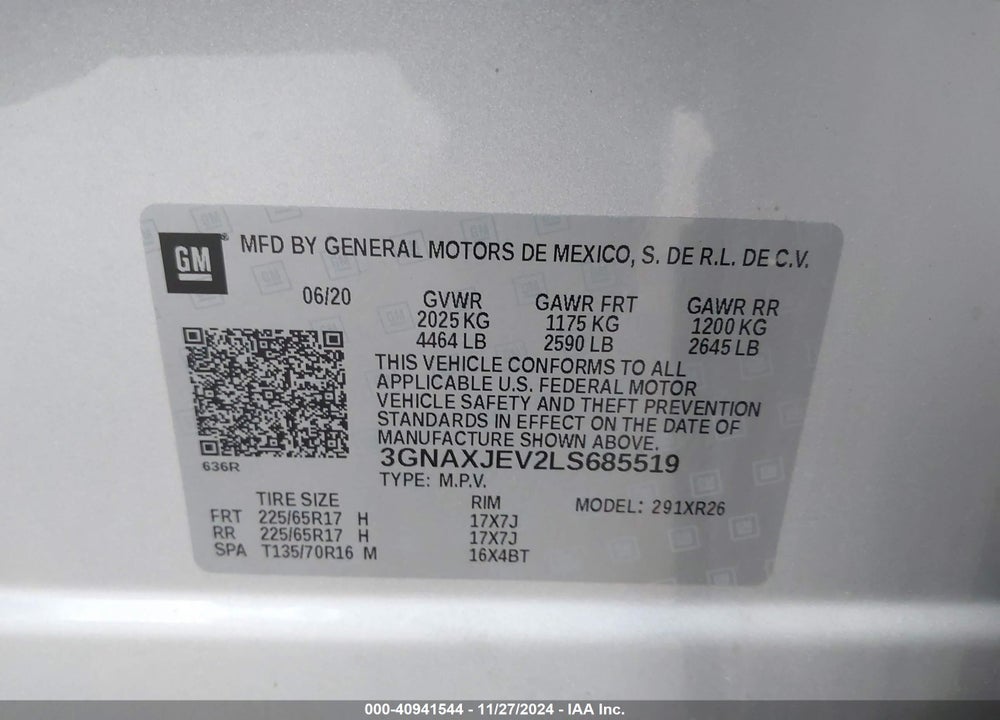2020 CHEVROLET EQUINOX FWD 2FL VIN: 3GNAXJEV2LS685519