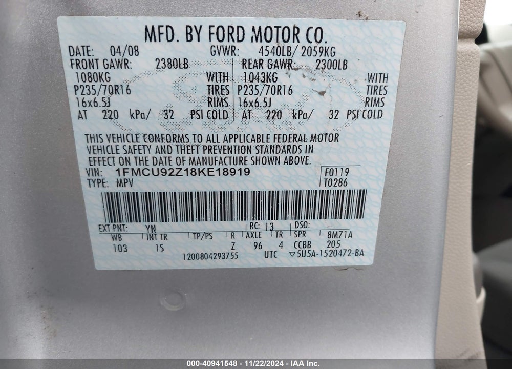 2008 FORD ESCAPE XLS VIN: 1FMCU92Z18KE18919