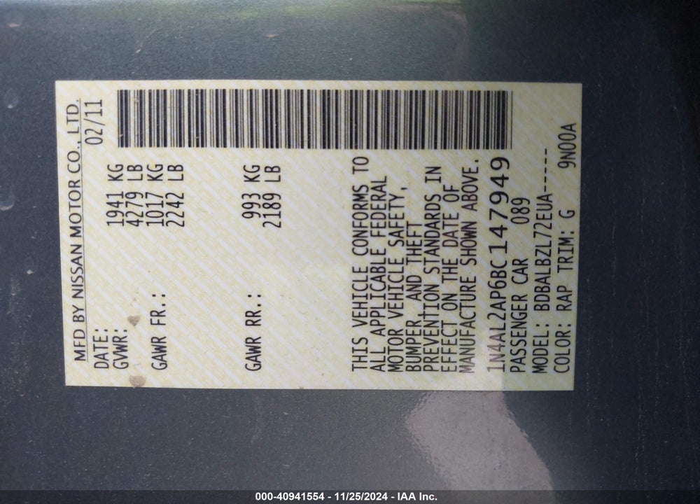 2011 NISSAN ALTIMA 2.5 S VIN: 1N4AL2AP6BC147949