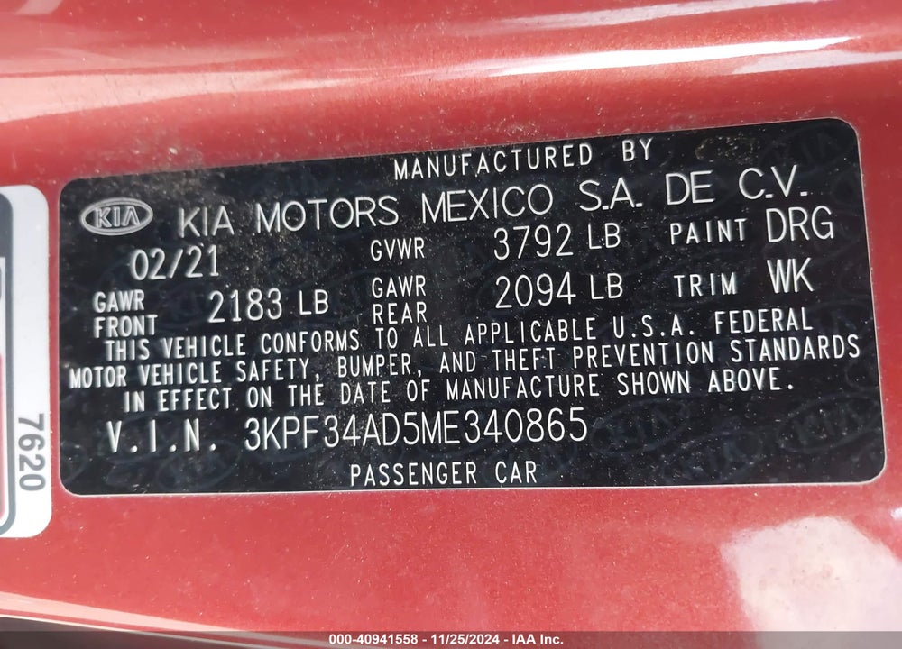2021 KIA FORTE VIN: 3KPF34AD5ME340865