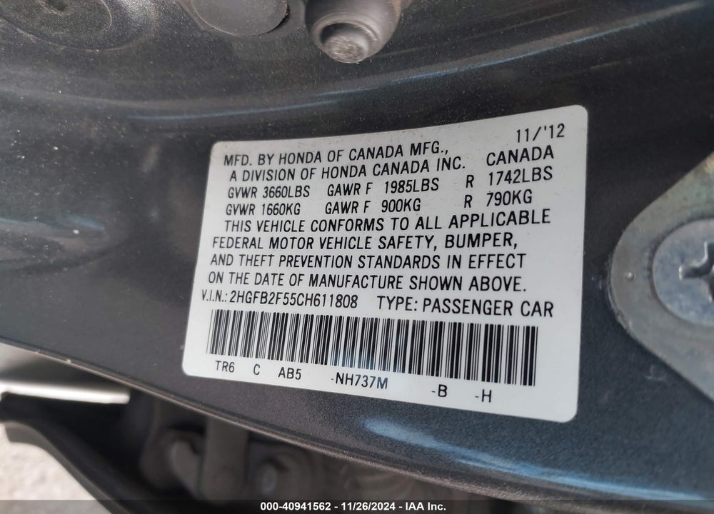 2012 HONDA CIVIC LX VIN: 2HGFB2F55CH611808