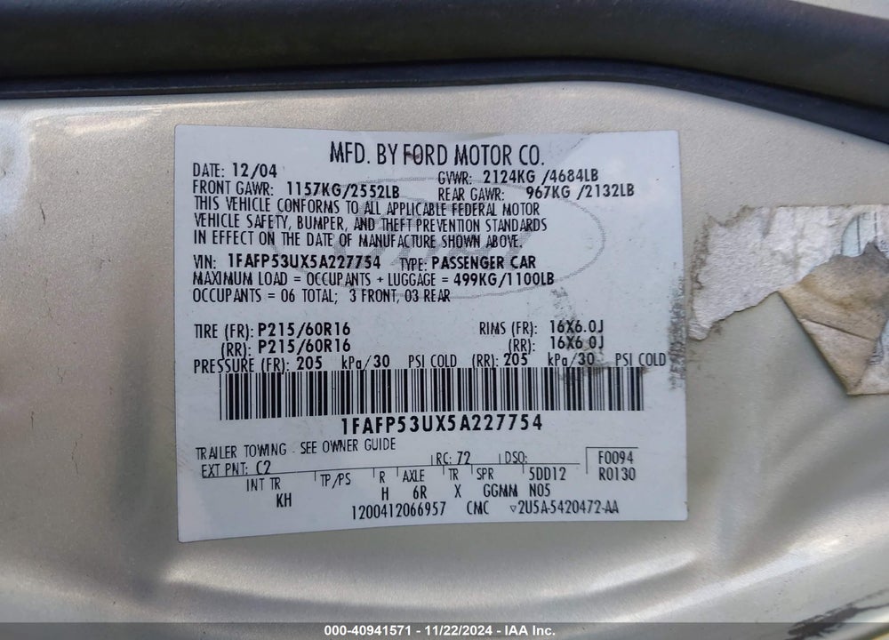 2005 FORD TAURUS SE VIN: 1FAFP53UX5A227754