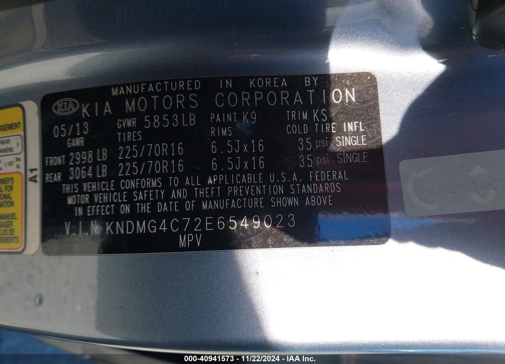 2014 KIA SEDONA LX VIN: KNDMG4C72E6549023