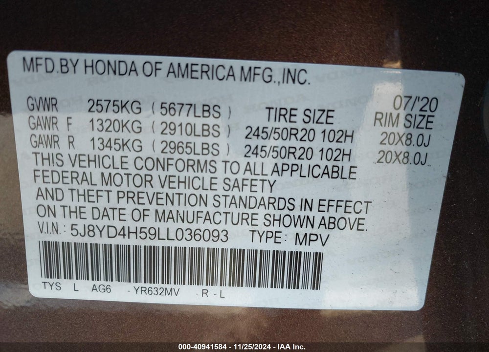 2020 ACURA MDX TECHNOLOGY PACKAGE VIN: 5J8YD4H59LL036093