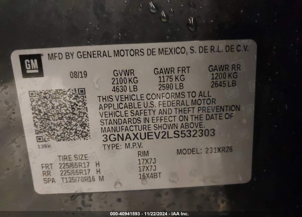 2020 CHEVROLET EQUINOX AWD LT 1.5L TURBO VIN: 3GNAXUEV2LS532303