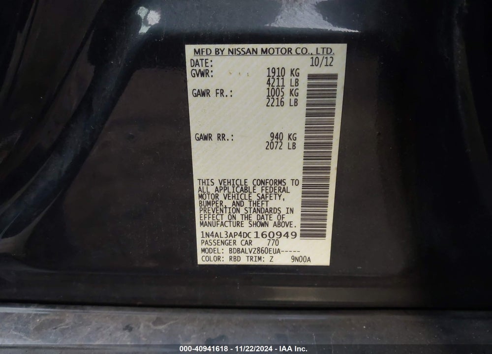 2013 NISSAN ALTIMA 2.5 SL VIN: 1N4AL3AP4DC160949