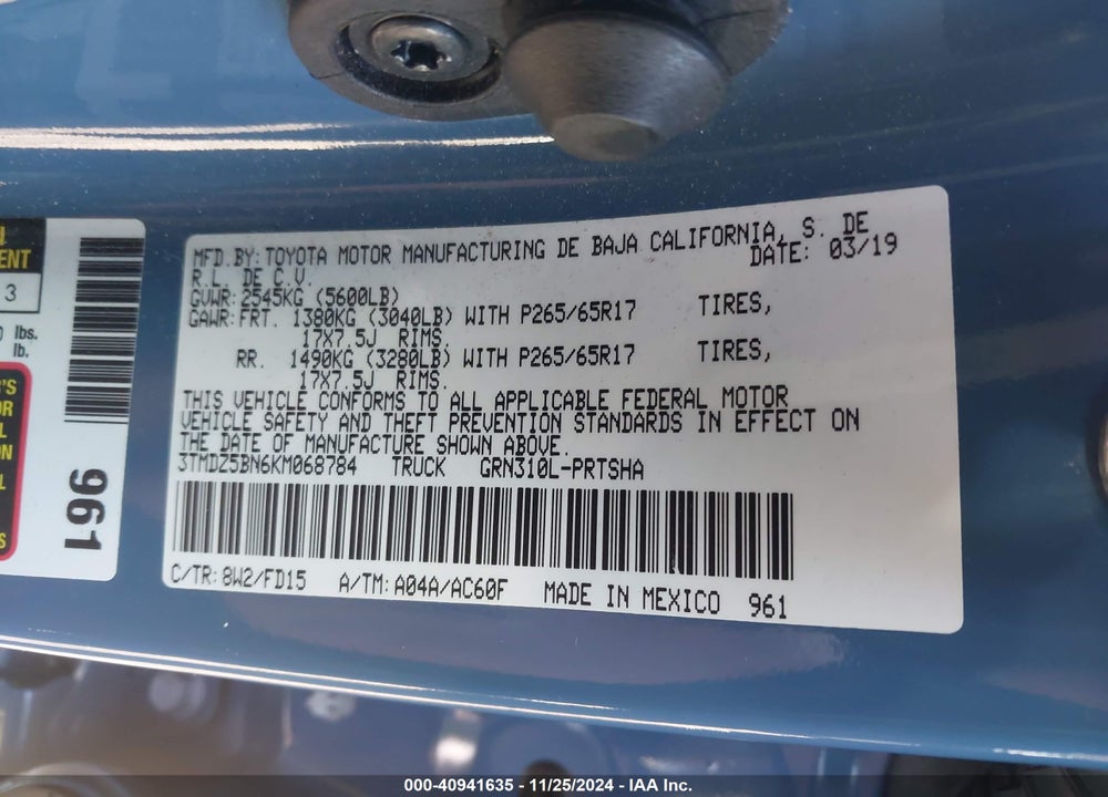 2019 TOYOTA TACOMA TRD SPORT VIN: 3TMDZ5BN6KM068784
