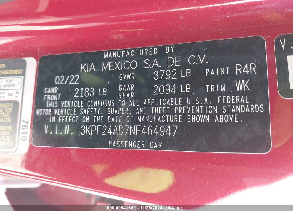 2022 KIA FORTE LXS VIN: 3KPF24AD7NE464947