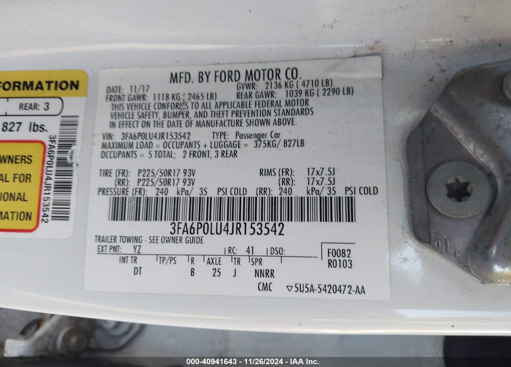 2018 FORD FUSION HYBRID SE VIN: 3FA6P0LU4JR153542