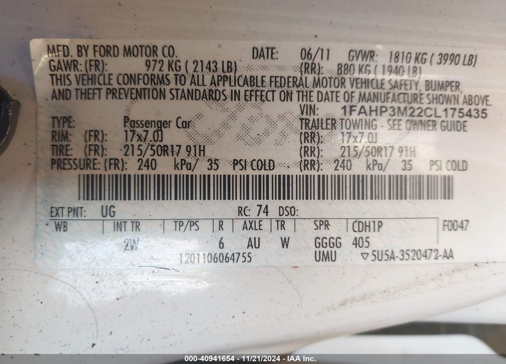 2012 FORD FOCUS SEL VIN: 1FAHP3M22CL175435