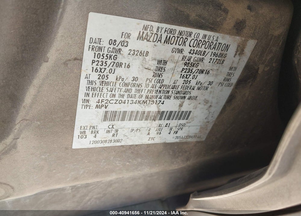 2004 MAZDA TRIBUTE LX V6 VIN: 4F2CZ04134KM13174