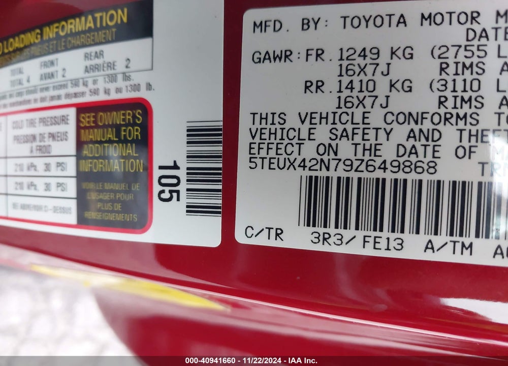 2009 TOYOTA TACOMA VIN: 5TEUX42N79Z649868
