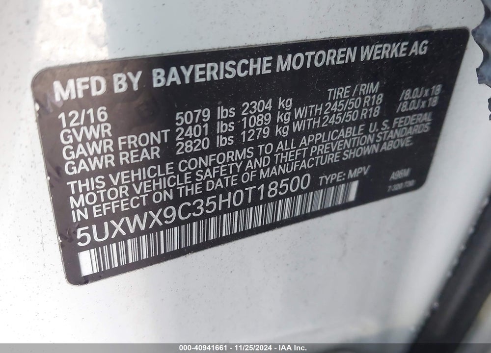 2017 BMW X3 XDRIVE28I VIN: 5UXWX9C35H0T18500
