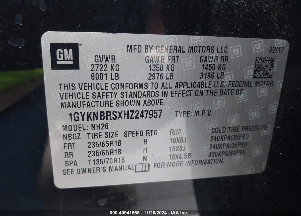 2017 CADILLAC XT5 LUXURY VIN: 1GYKNBRSXHZ247957