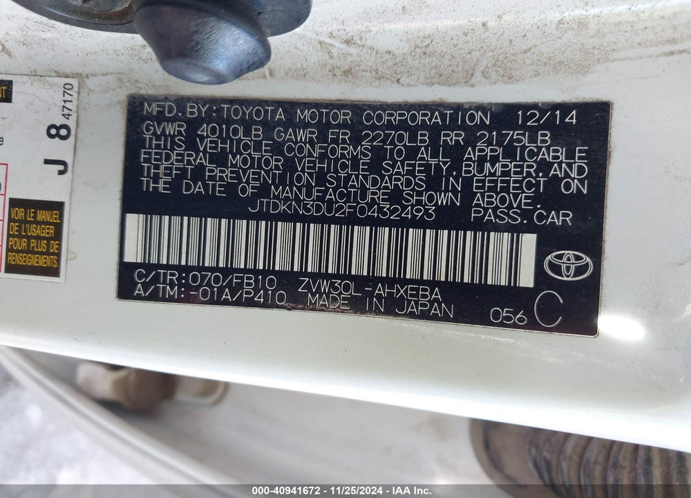 2015 TOYOTA PRIUS VIN: JTDKN3DU2F0432493