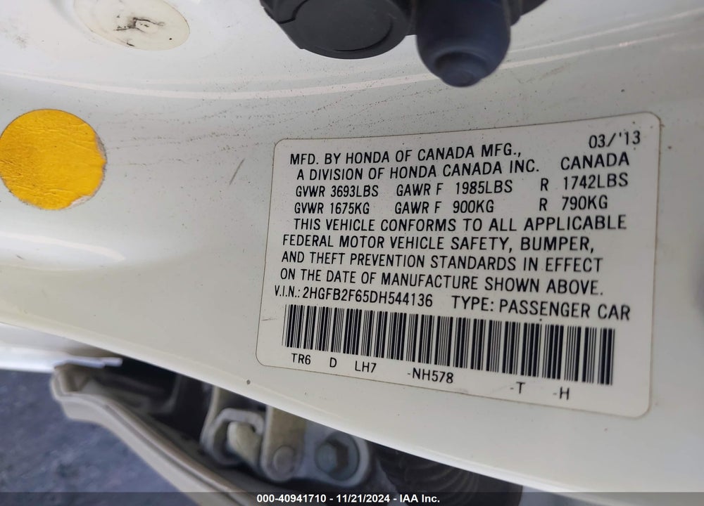 2013 HONDA CIVIC HF VIN: 2HGFB2F65DH544136
