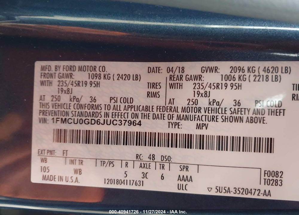 2018 FORD ESCAPE SE VIN: 1FMCU0GD6JUC37964