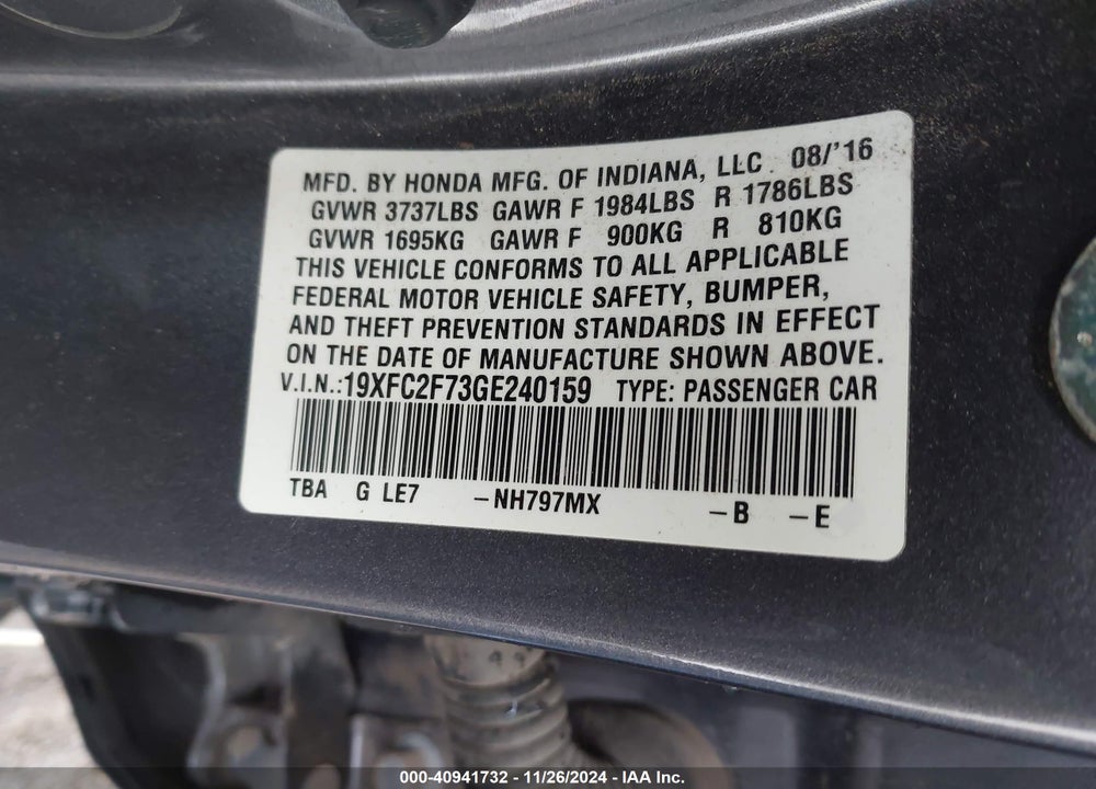 2016 HONDA CIVIC EX VIN: 19XFC2F73GE240159