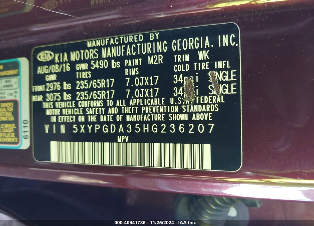 2017 KIA SORENTO 2.4L LX VIN: 5XYPGDA35HG236207