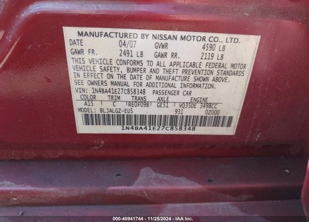 2007 NISSAN MAXIMA 3.5 SL VIN: 1N4BA41E27C858348
