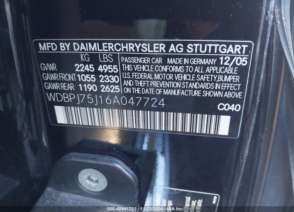 2006 MERCEDES-BENZ CL 500 VIN: WDBPJ75J16A047724