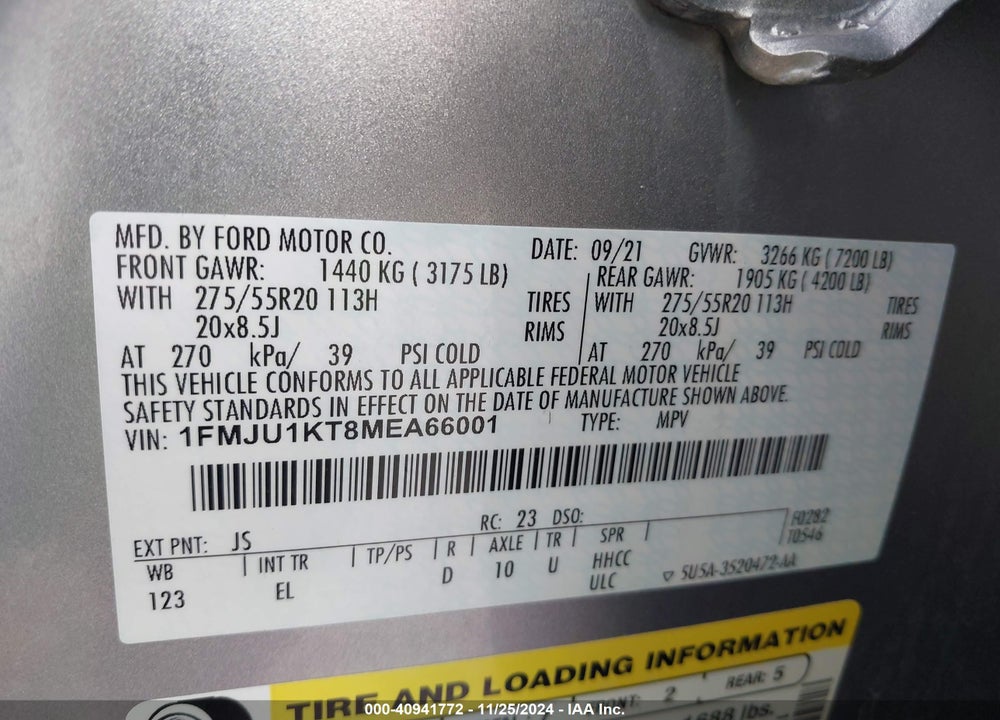 2021 FORD EXPEDITION LIMITED VIN: 1FMJU1KT8MEA66001