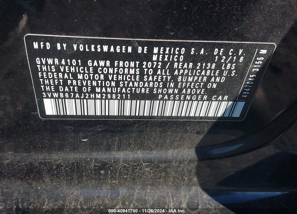 2017 VOLKSWAGEN JETTA 1.4T SE VIN: 3VWB67AJ2HM298211