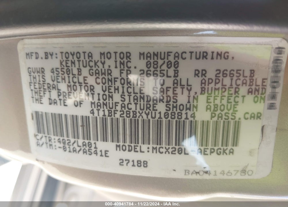 2000 TOYOTA AVALON XLS VIN: 4T1BF28BXYU108814