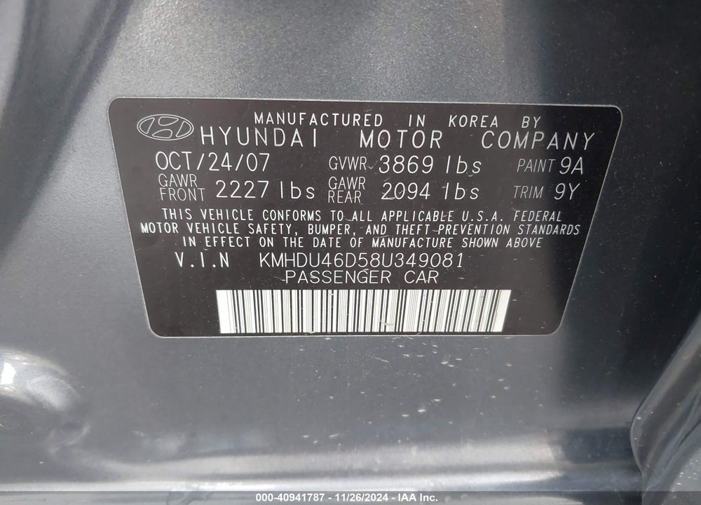 2008 HYUNDAI ELANTRA GLS/SE VIN: KMHDU46D58U349081