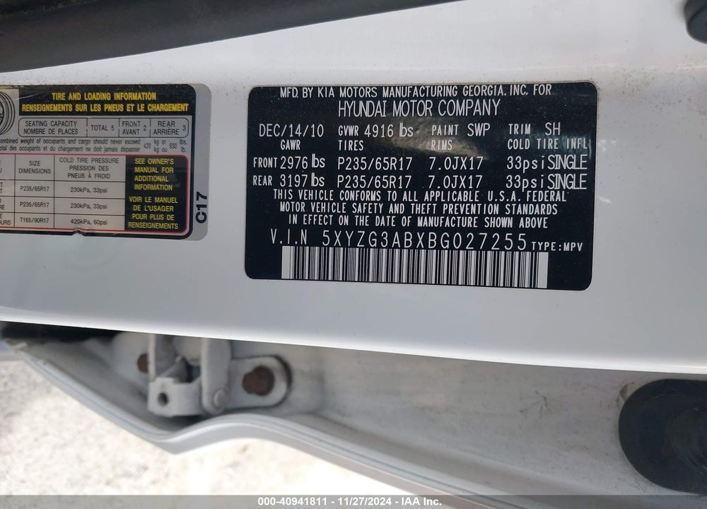 2011 HYUNDAI SANTA FE GLS VIN: 5XYZG3ABXBG027255