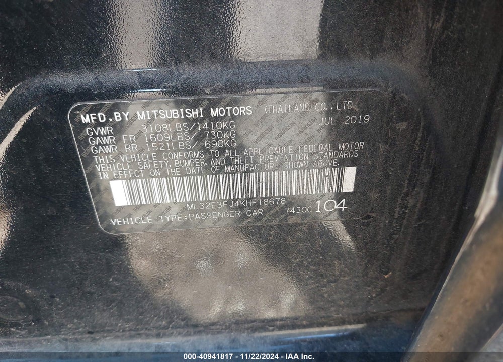 2019 MITSUBISHI MIRAGE G4 VIN: ML32F3FJ4KHF18678