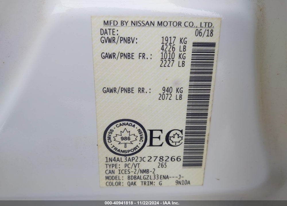 2018 NISSAN ALTIMA VIN: 1N4AL3AP2JC278266