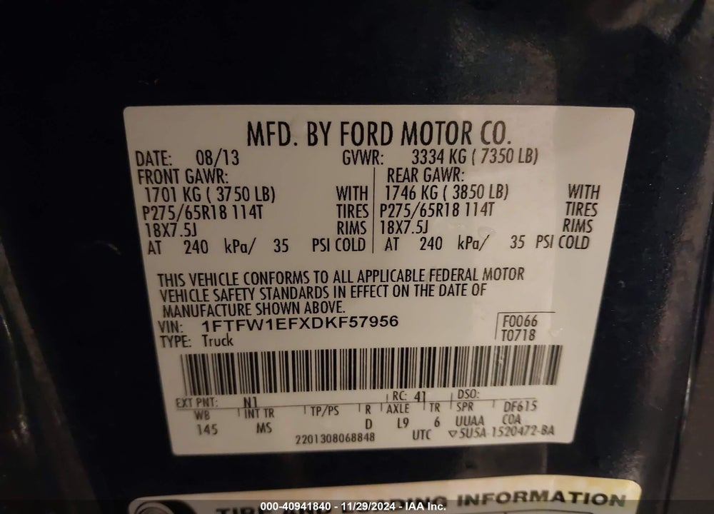 2013 FORD F-150 XLT VIN: 1FTFW1EFXDKF57956