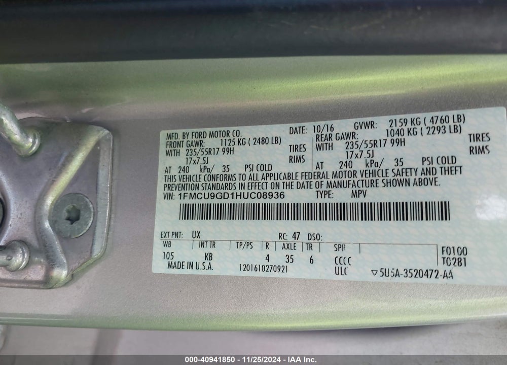 2017 FORD ESCAPE SE VIN: 1FMCU9GD1HUC08936