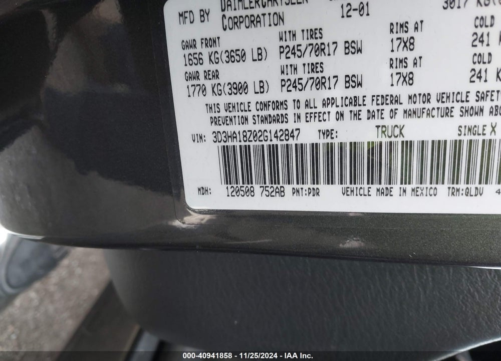 2002 DODGE RAM 1500 ST VIN: 3D3HA18Z02G142847