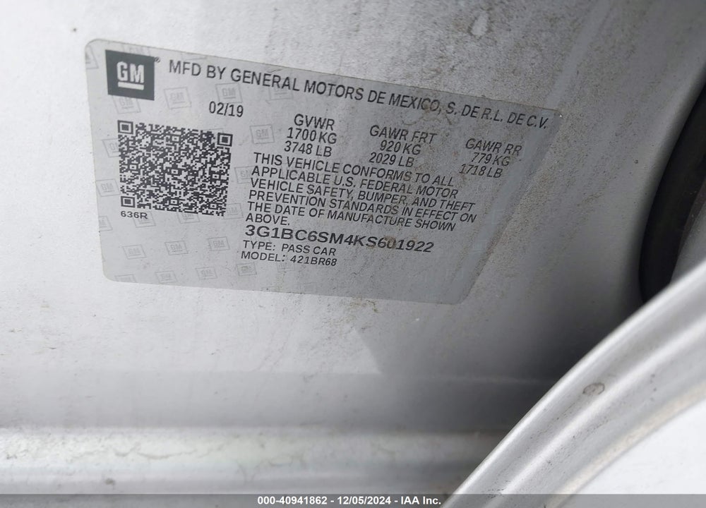 2019 CHEV CRUZE LS VIN: 3G1BC6SM4KS601922