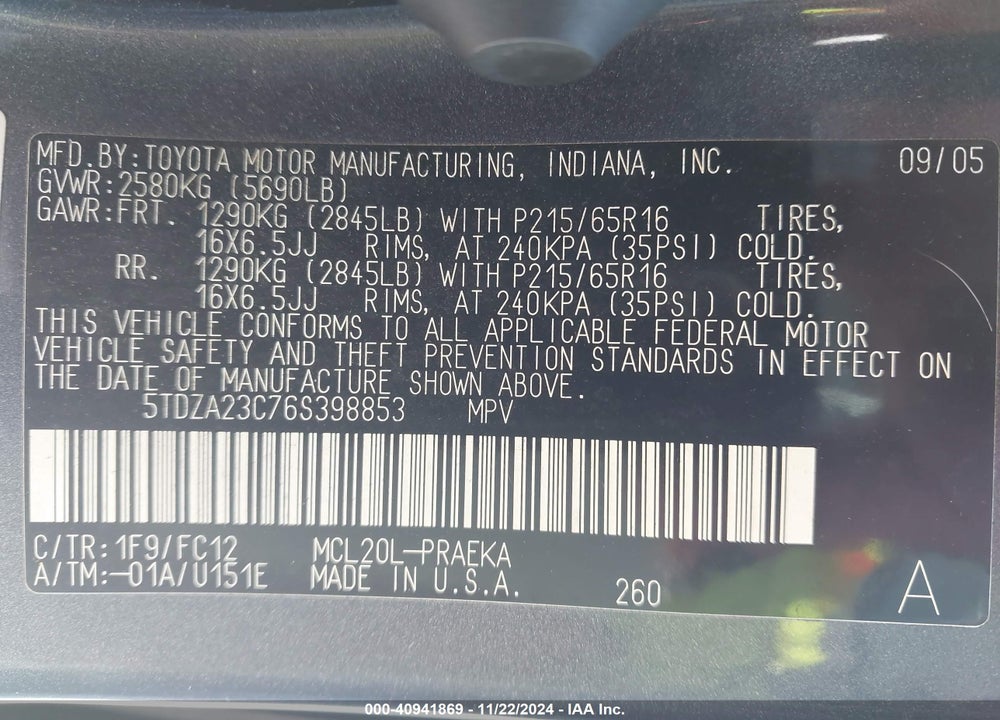 2006 TOYOTA SIENNA LE VIN: 5TDZA23C76S398853