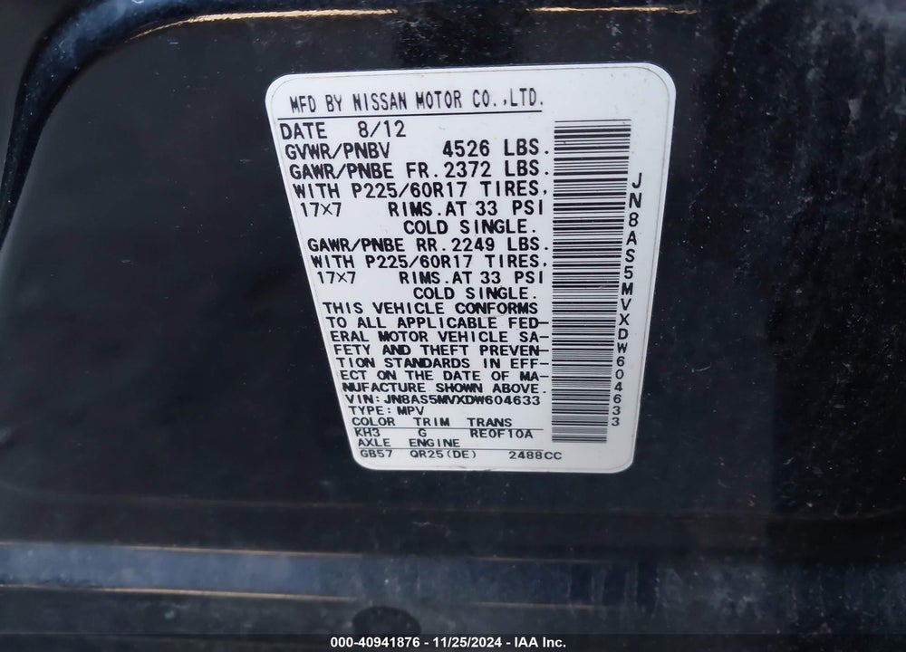 2013 NISSAN ROGUE SV VIN: JN8AS5MVXDW604633