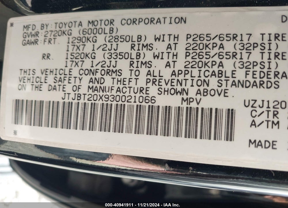 2003 LEXUS GX 470 VIN: JTJBT20X930021066