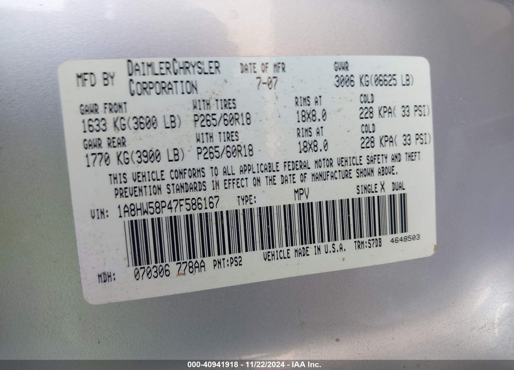 2007 CHRYSLER ASPEN LIMITED VIN: 1A8HW58P47F586167