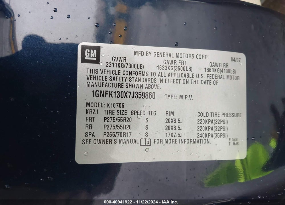 2007 CHEVROLET TAHOE LT VIN: 1GNFK130X7J359860