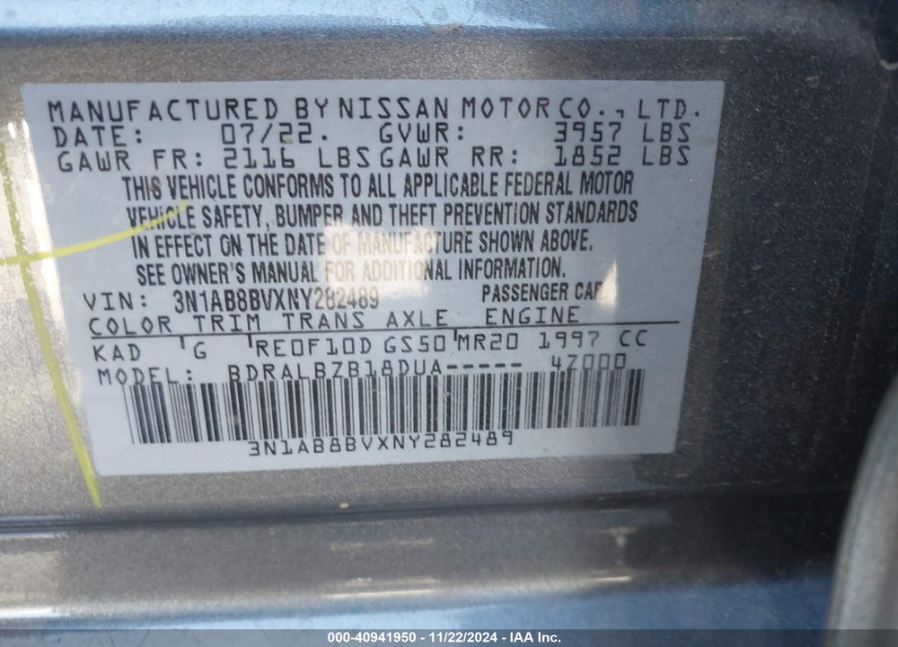 2022 NISSAN SENTRA S XTRONIC CVT VIN: 3N1AB8BVXNY282489