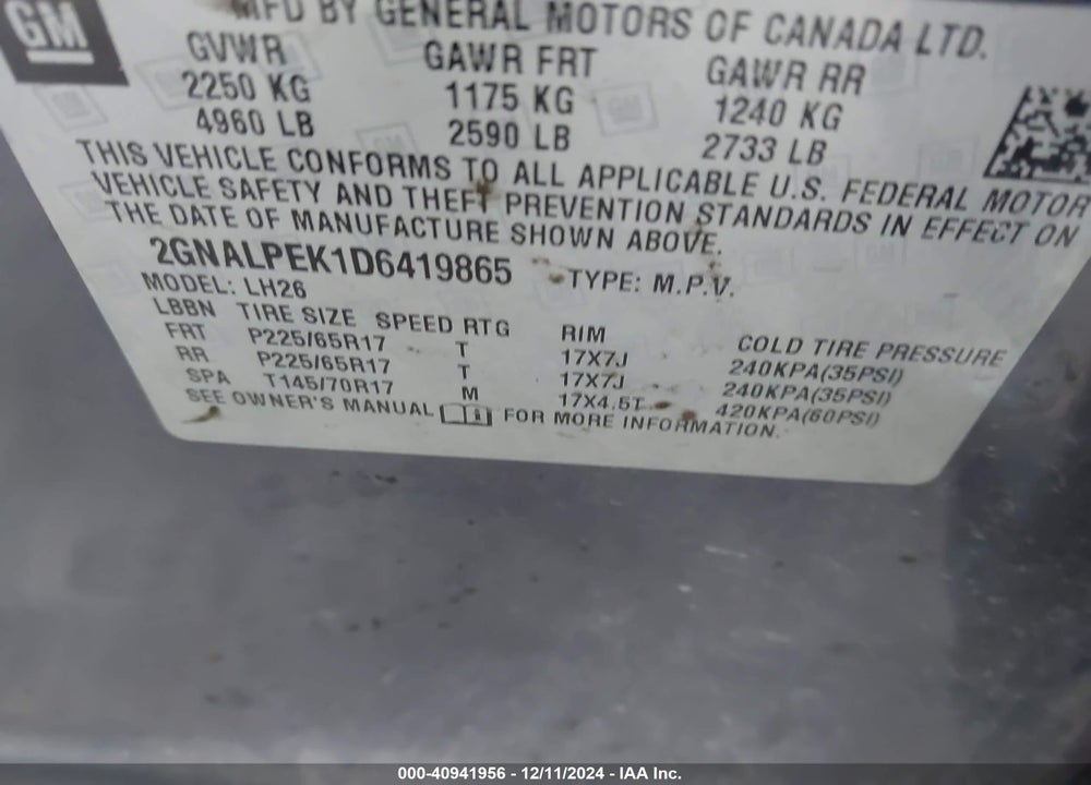 2013 CHEVROLET EQUINOX 2LT VIN: 2GNALPEK1D6419865