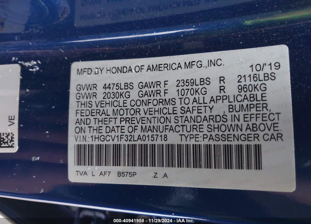 2020 HONDA ACCORD SPORT VIN: 1HGCV1F32LA015718
